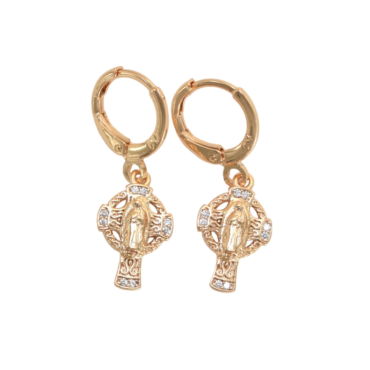 Gold Plated Dangly CZ Cross Earrings, Oro Brasileno Aretes | Wholesale Jewelry