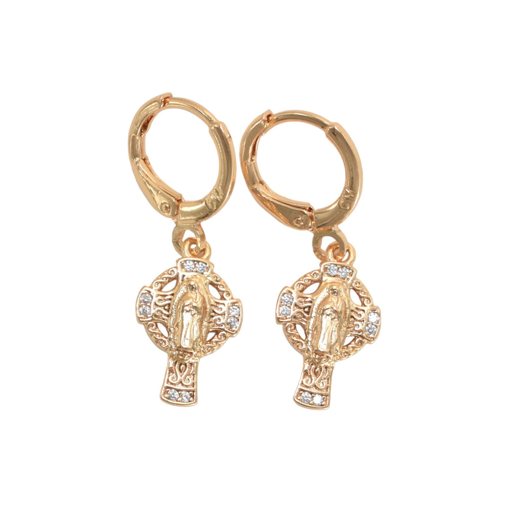 Gold Plated Dangly CZ Virgin Mary Earrings, Oro Brasileno Aretes