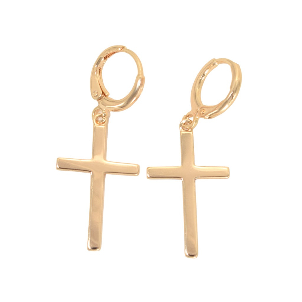 Gold Plated Dangly Cross Earrings, Oro Brasileno Aretes
