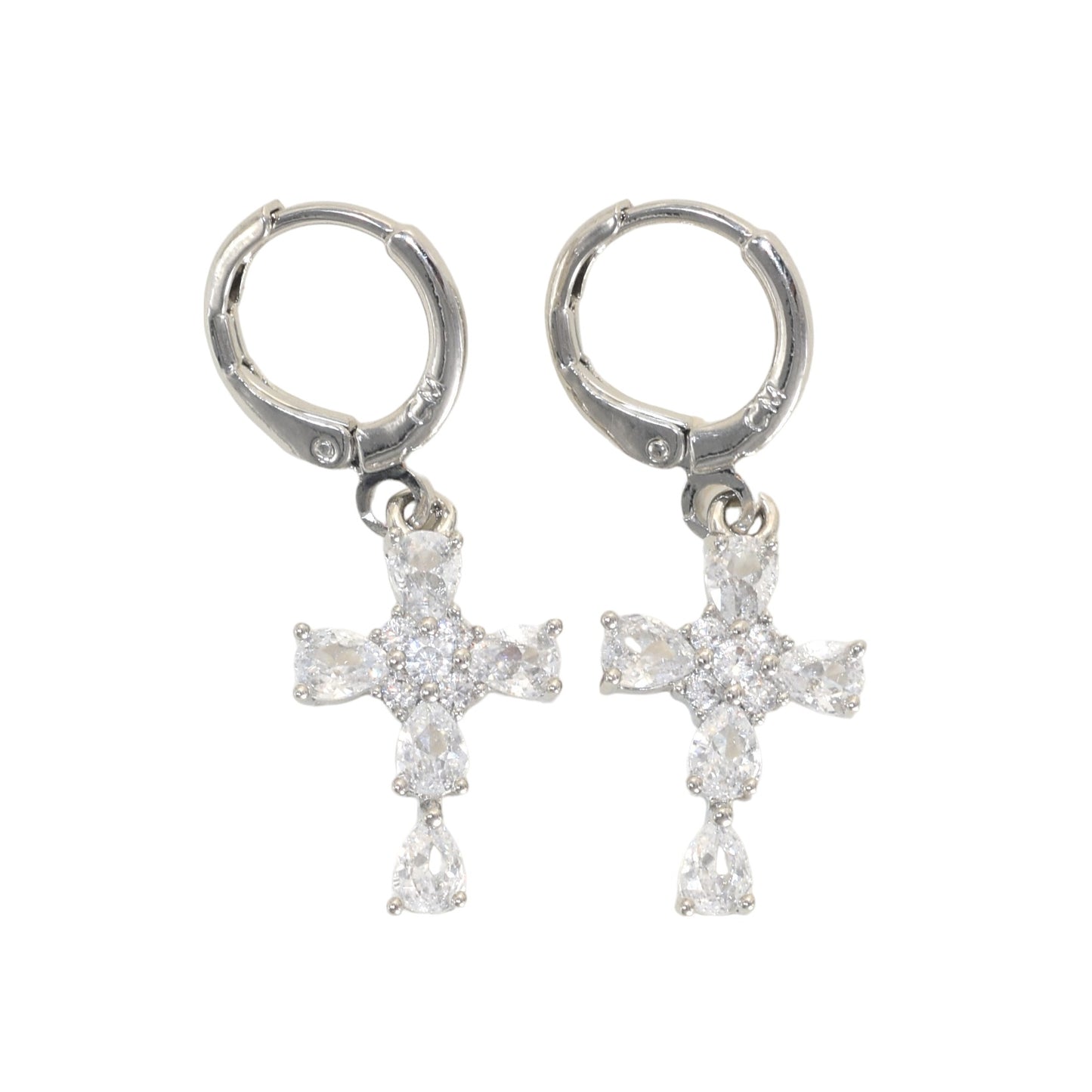 Silver Plated Dangly CZ Cross Earrings | Wholesale Jewelry