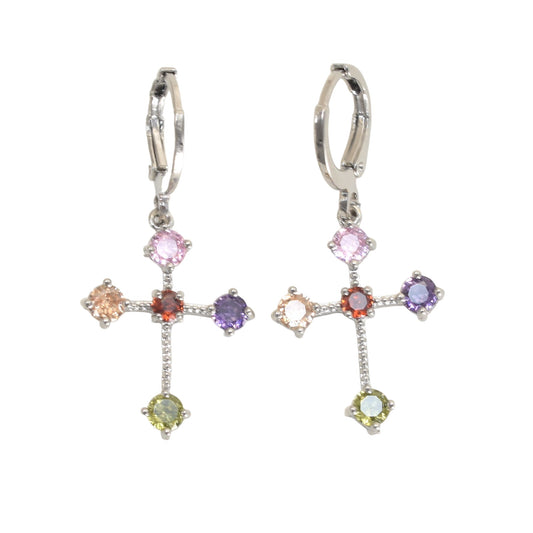 Silver Plated Dangly CZ Cross Earrings | Wholesale Jewelry