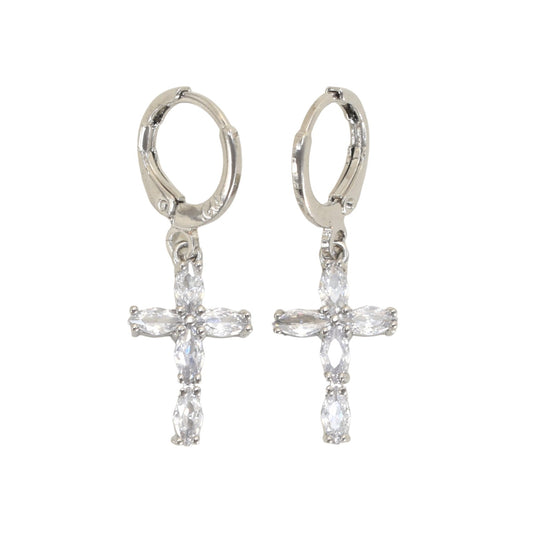 Silver Plated Dangly CZ Cross Earrings | Wholesale Jewelry