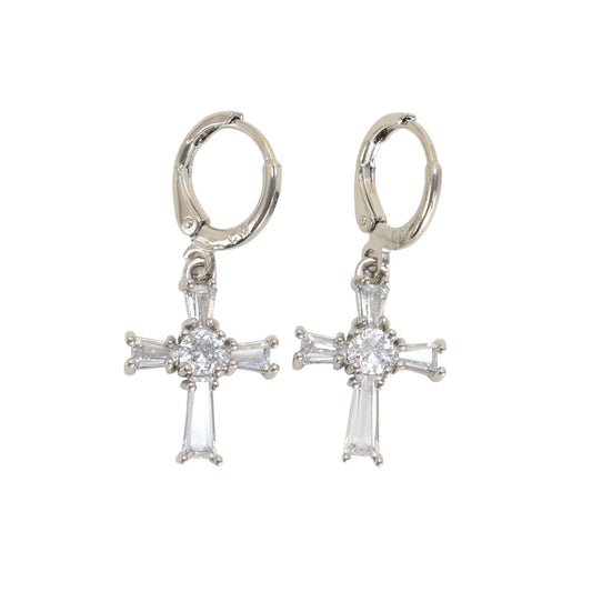 Silver Plated Dangly CZ Cross Earrings | Wholesale Jewelry