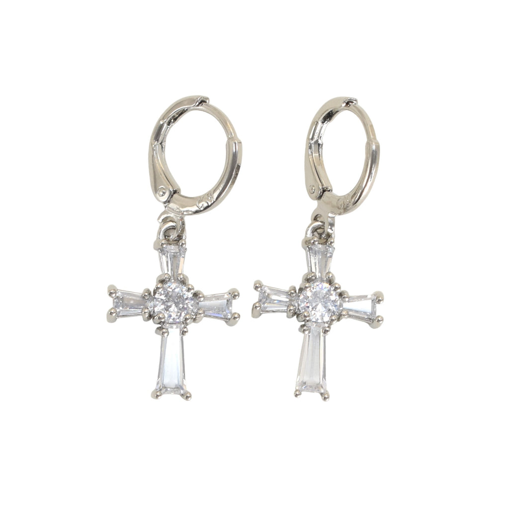 Silver Plated Dangly CZ Cross Earrings