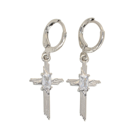 Silver Plated Dangly CZ Cross Earrings | Wholesale Jewelry