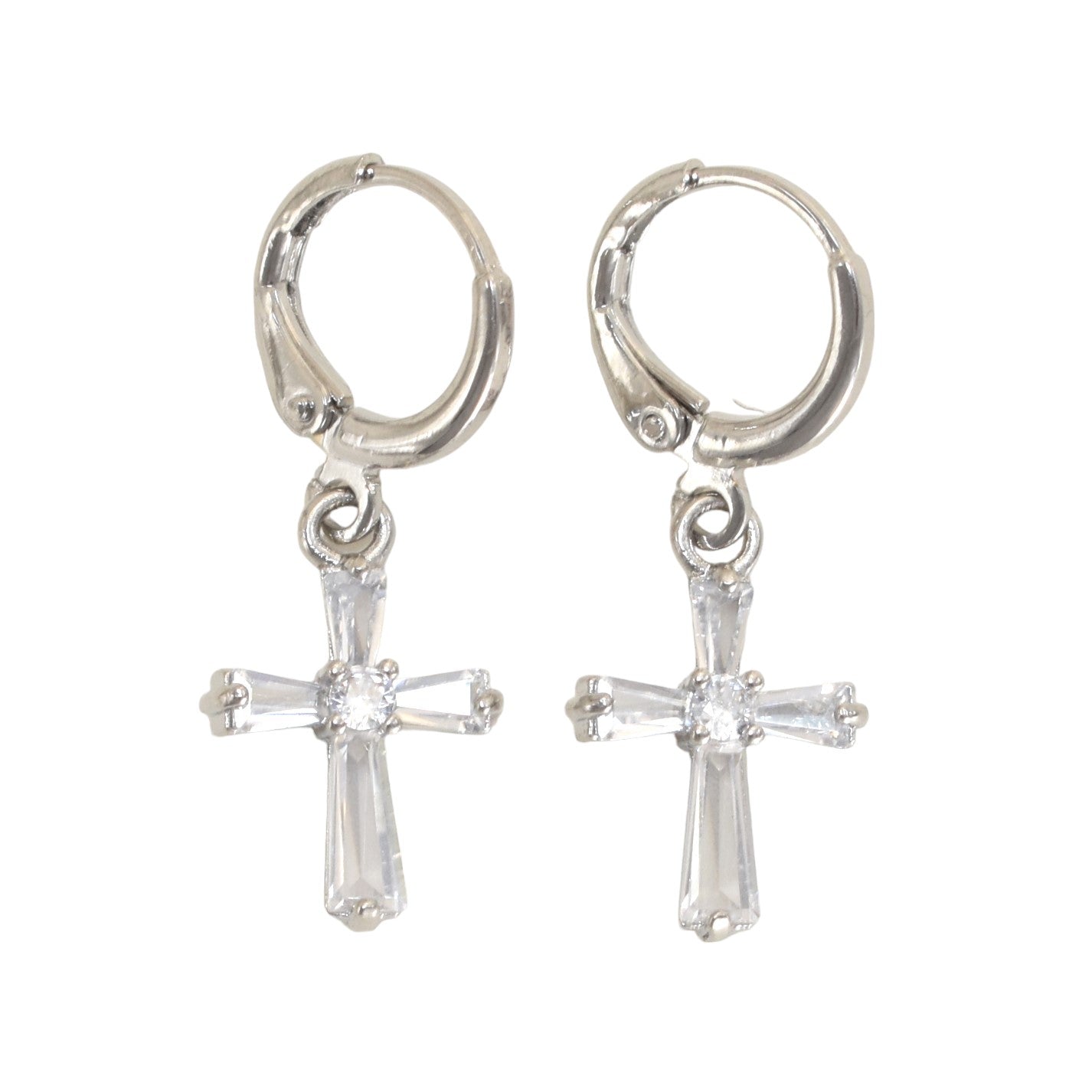 Silver Plated Dangly CZ Cross Earrings | Wholesale Jewelry