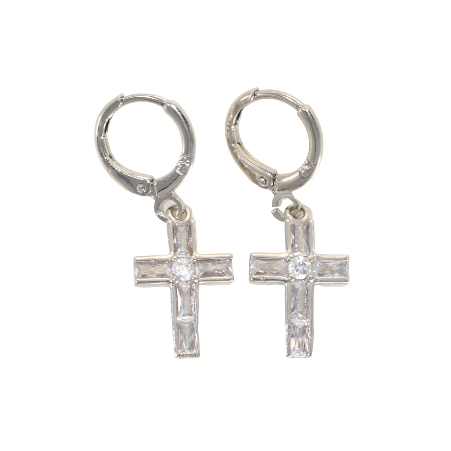 Silver Plated Dangly CZ Cross Earrings | Wholesale Jewelry