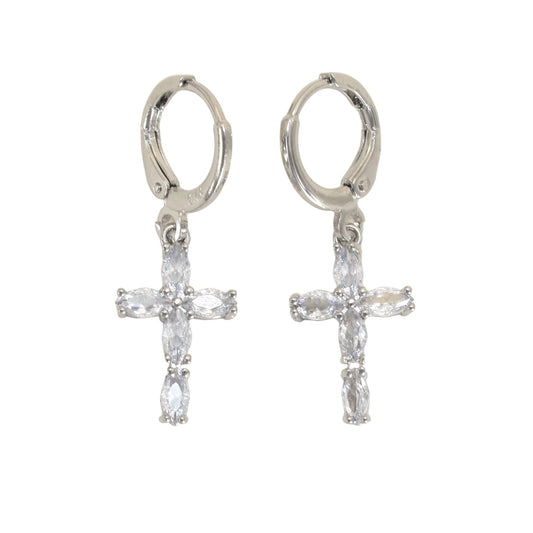 Silver Plated Dangly CZ Cross Earrings | Wholesale Jewelry