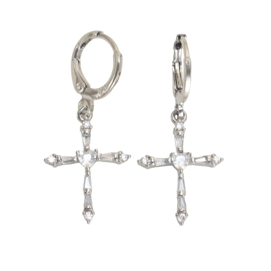 Silver Plated Dangly CZ Cross Earrings | Wholesale Jewelry