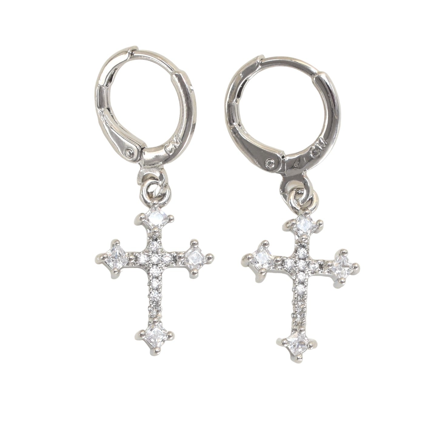 Silver Plated Dangly CZ Cross Earrings | Wholesale Jewelry