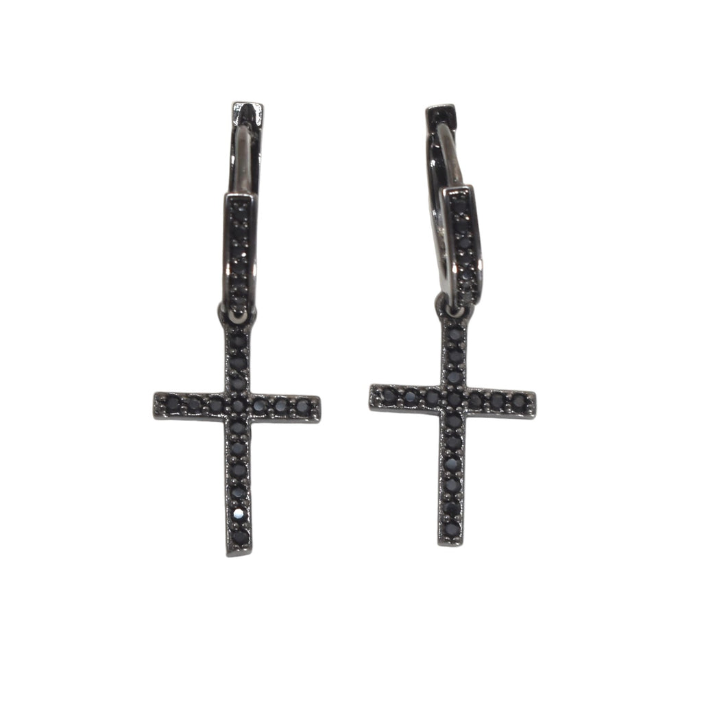 Silver Plated Dangly CZ Black Cross Earrings