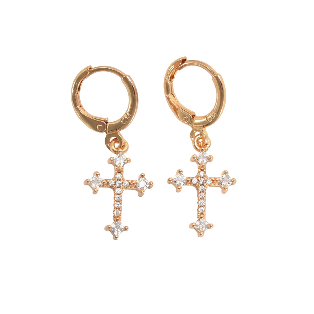 Gold Plated Dangly CZ Cross Earrings, Oro Brasileno Aretes