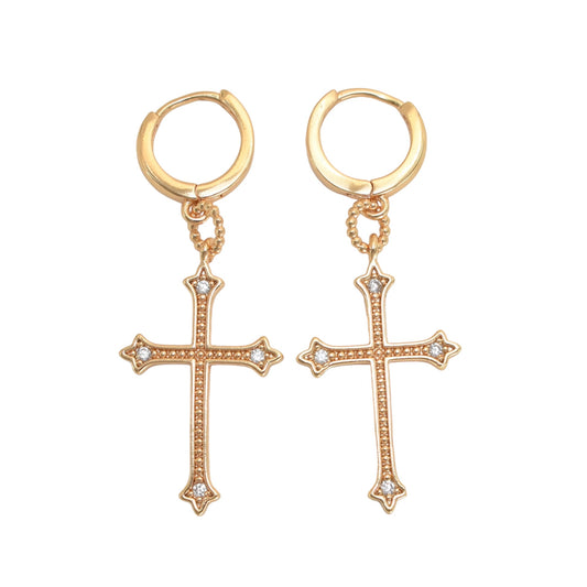 Gold Plated Dangly CZ Cross Earrings, Oro Brasileno Aretes