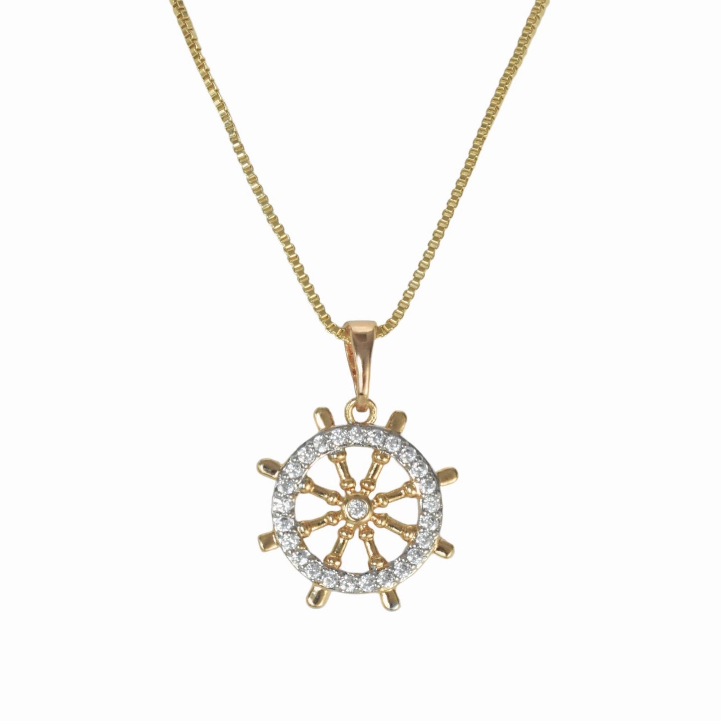 Gold Plated Ship Wheel Pendant Charm with CZ | Wholesale Jewelry