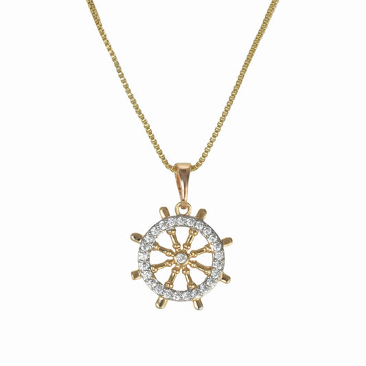 Gold Plated Ship Wheel Pendant Charm with CZ