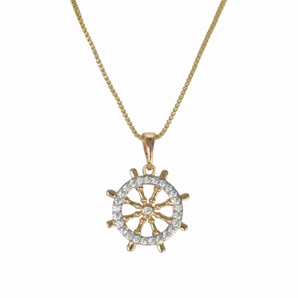 Gold Plated Ship Wheel Pendant Charm with CZ