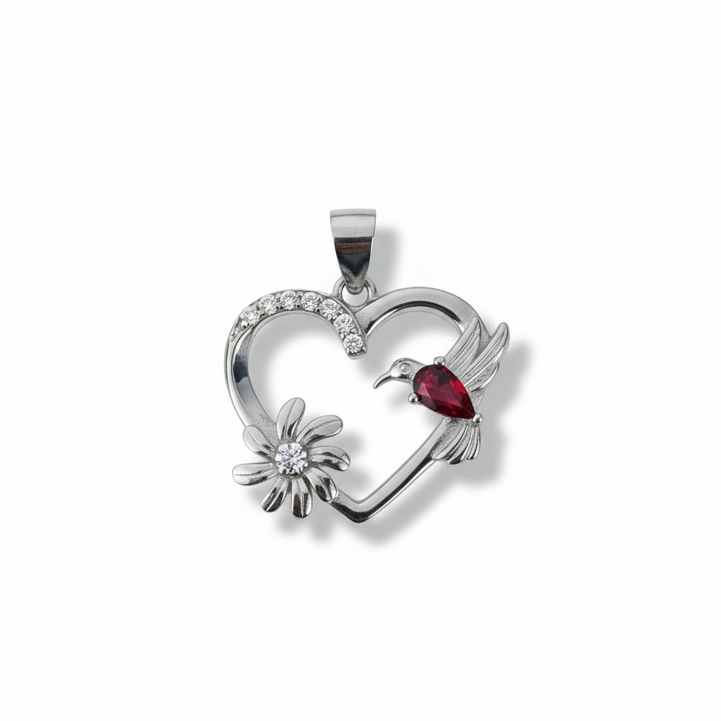 925 Sterling Silver Heart & Hummingbird Pendant