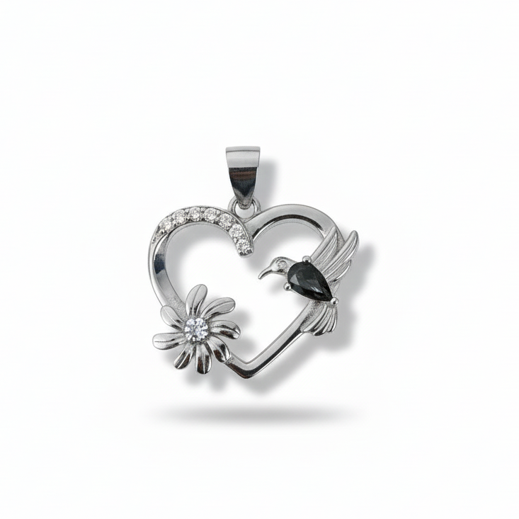 925 Sterling Silver Heart & Hummingbird Pendant