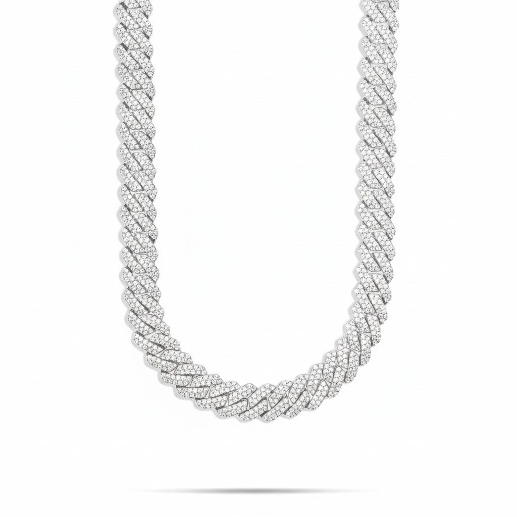 12MM Iced-Out Pave Cuban Link CZ Silver Plated Chain For Men