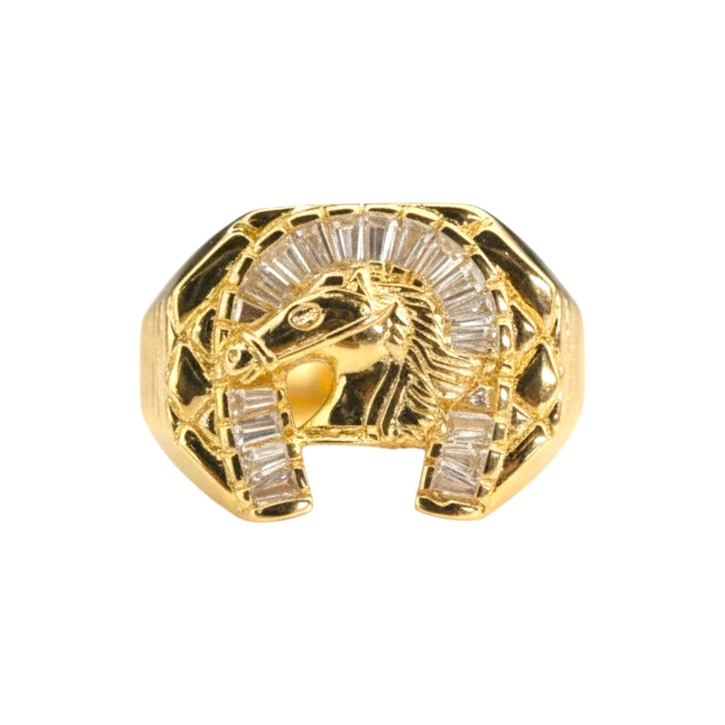 Amafhha Jewels gold plated ring featuring a horse head motif surrounded by baguette cut CZ stones in a horseshoe shape
