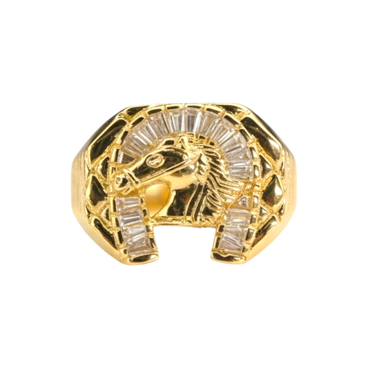 Amafhha Jewels gold plated ring featuring a horse head motif surrounded by baguette cut CZ stones in a horseshoe shape