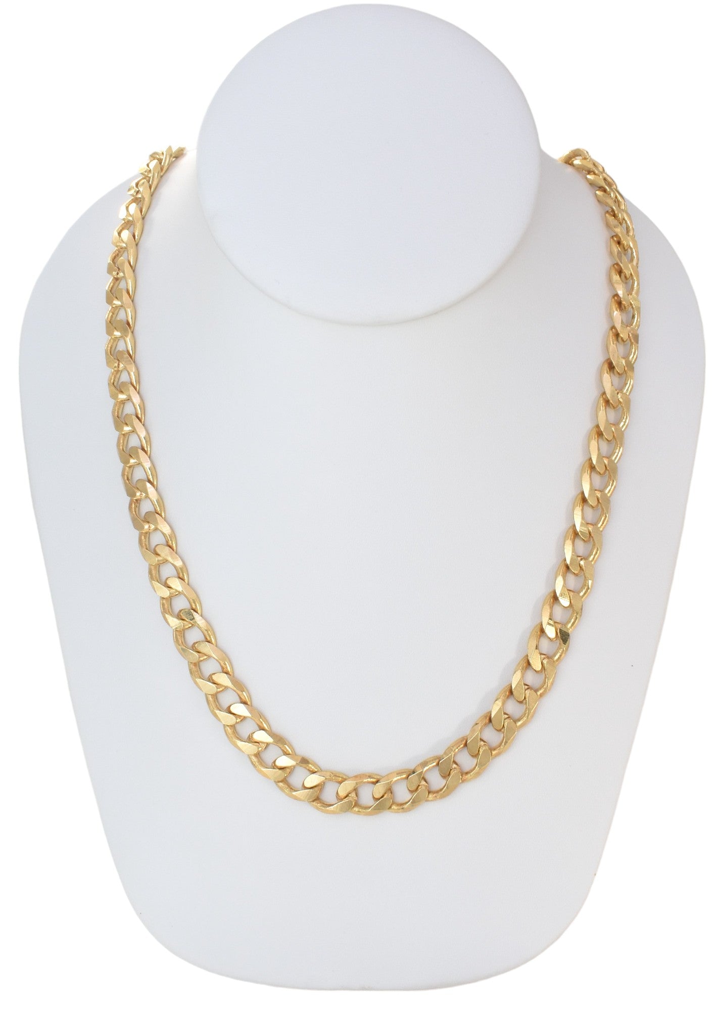 Gold Plated 180mm width Cuban Chain Necklace displayed on a jewelry display, available in 24" and 26" lengths.