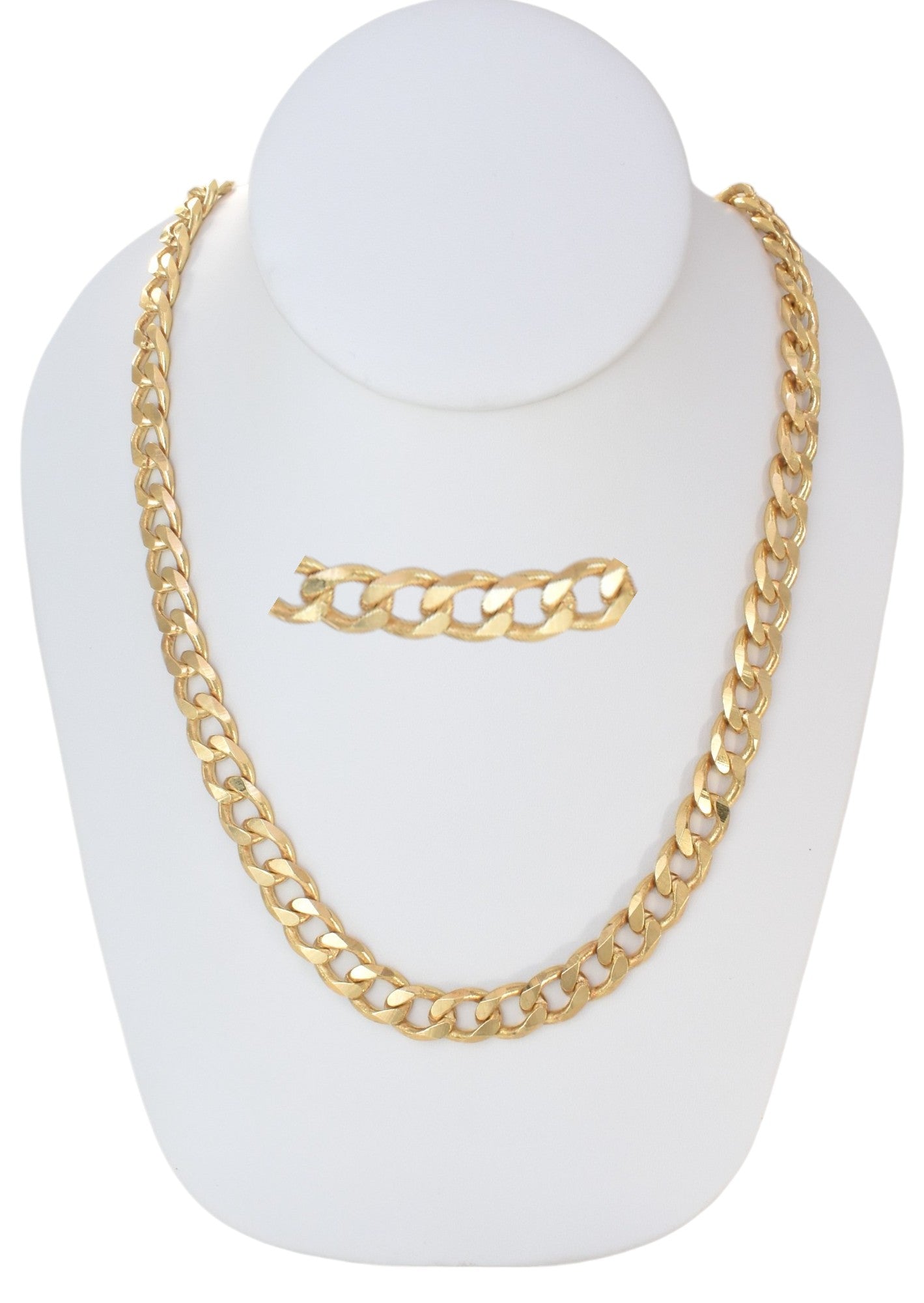 Gold Plated 180mm width Cuban Chain Necklace displayed on a jewelry display, available in 24" and 26" lengths.