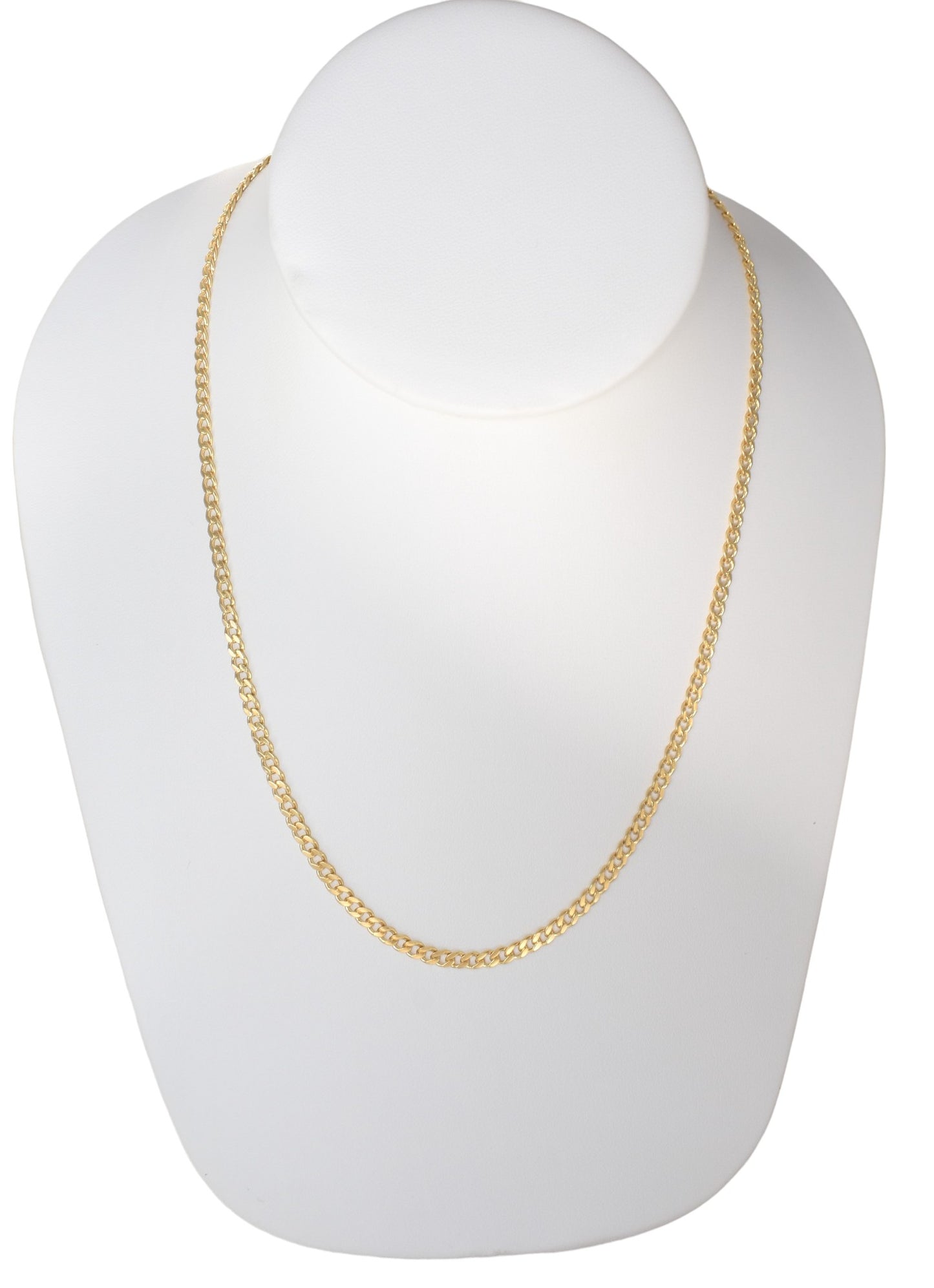 Gold Plated 80mm width Cuban Chain Necklace displayed on a jewelry display, available in 18",20",22",24" and 26" lengths.