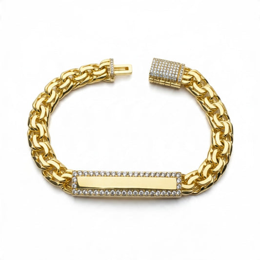 Gold Plated Chino Link Long ID Bracelet with CZ - Oro Laminado