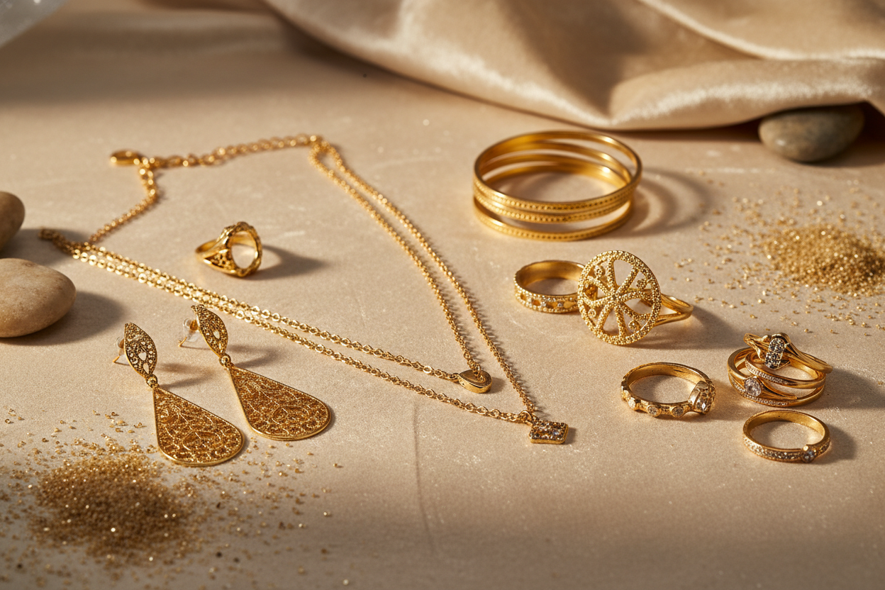 Gold jewelry including necklaces, rings, and bracelets on a beige fabric background.
