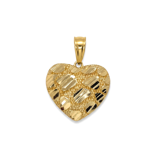 Amafhha Jewels gold-plated heart pendant with diamond-cut nugget texture and polished bail on a white background.