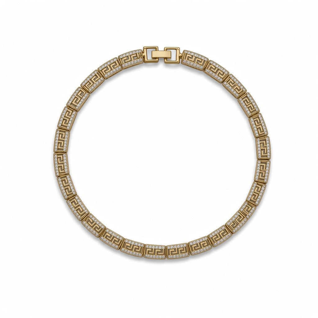 Gold Plated Greek Key Pave CZ Rectangular Link Bracelet - Oro Laminado