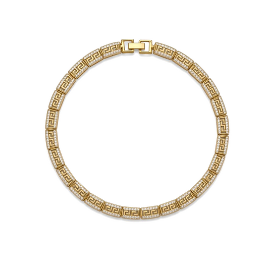 Amafhha Jewels gold-plated rectangular link bracelet featuring a Greek key motif and micro-pave cubic zirconia stones.