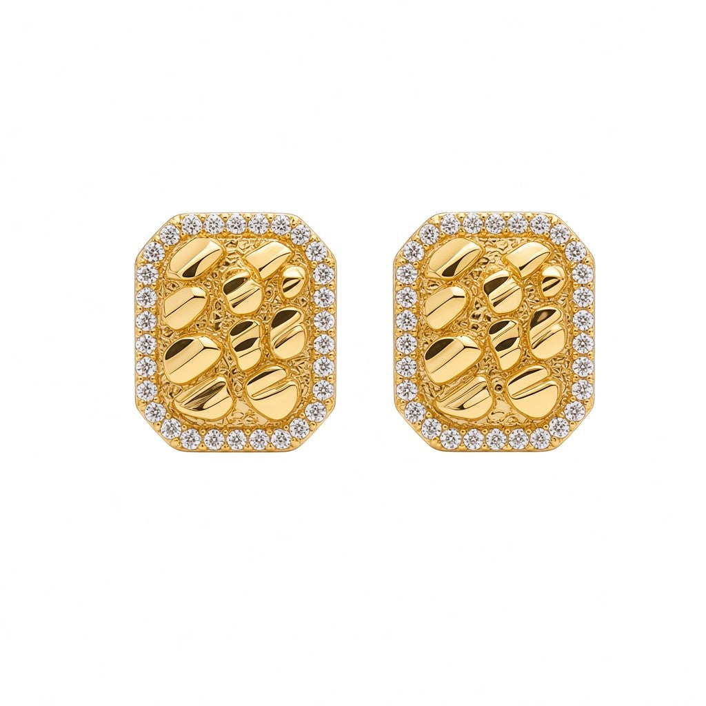 Gold Plated Octagon Textured Nugget Micro-Pave CZ Halo Stud Earrings - Oro Laminado