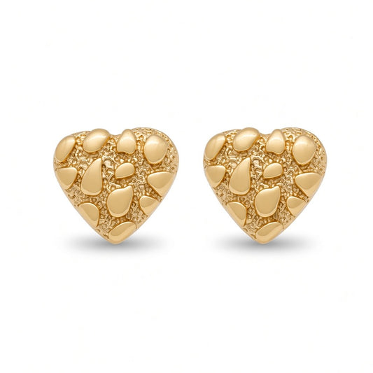 Gold Plated Textured Heart Nugget Stud Earrings - Oro Laminado