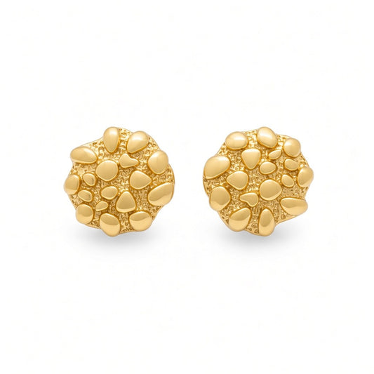 Gold Plated Round Textured Nugget Stud Earrings - Oro Laminado