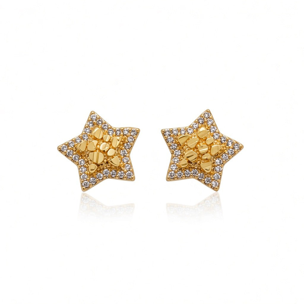 Gold Plated Star Textured Nugget Micro-Pave CZ Halo Stud Earrings - Oro Laminado