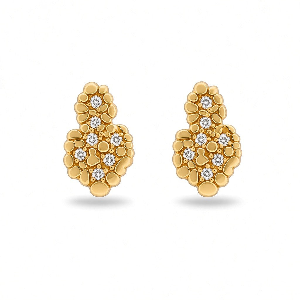Gold-Plated Sculptural Textured Pebble CZ Accent Stud Earrings - Oro Laminado