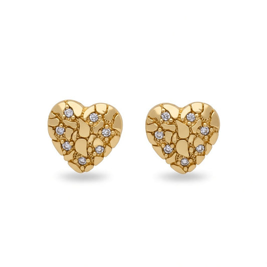 Gold Plated Textured Heart CZ Accent Nugget Stud Earrings - Oro Laminado