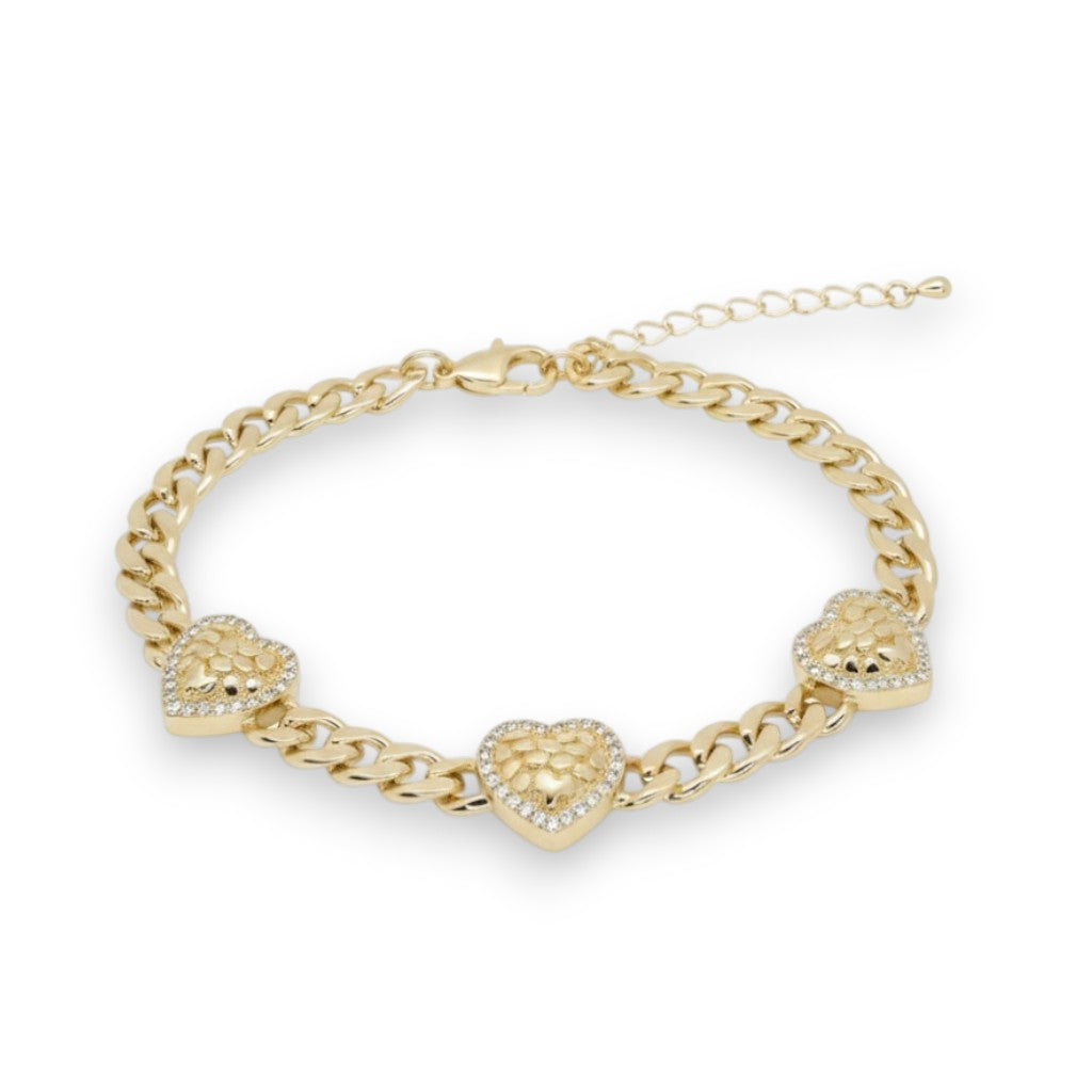 Gold Plated Micro-Pave CZ Textured Heart Curb Chain Station Bracelet - Oro Laminado