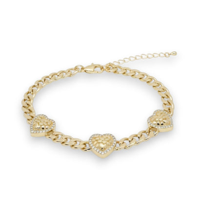 Gold Plated Micro-Pave CZ Textured Heart Curb Chain Station Bracelet - Oro Laminado