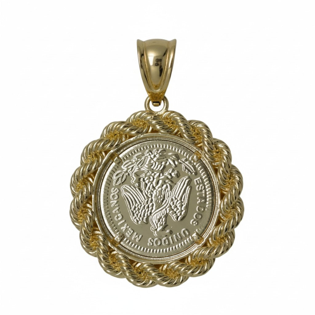 Gold Plated Mexican Coat of Arms Coin Pendant with Rope Bezel - Oro Laminado