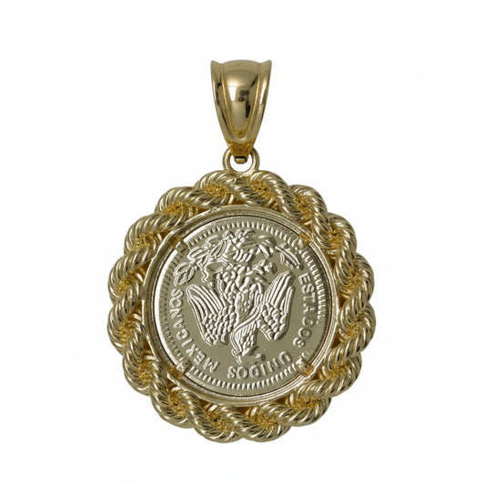 Gold Plated Mexican Coat of Arms Coin Pendant with Rope Bezel - Oro Laminado