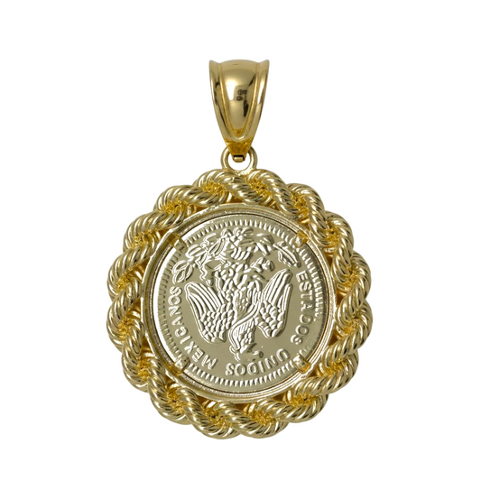 Amafhha Jewels gold-plated Mexican coat of arms coin pendant featuring a detailed rope bezel and polished finish.