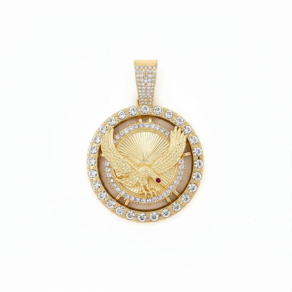 Gold Plated Iced Eagle Medallion Pendant with Ruby CZ Eye - Oro Laminado