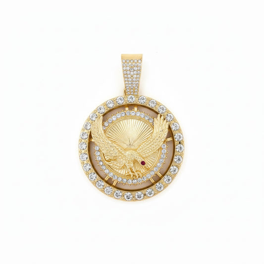 Gold Plated Iced Eagle Medallion Pendant with Ruby CZ Eye - Oro Laminado
