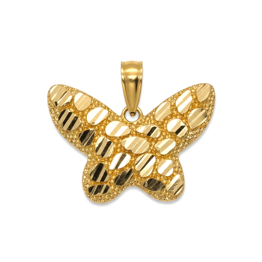 Amafhha Jewels gold-plated butterfly pendant featuring a textured nugget surface and diamond-cut facets.