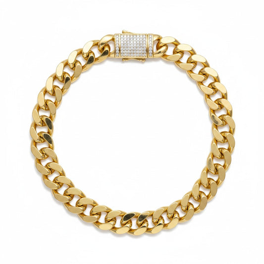 Gold Plated Cuban Link Bracelet with Iced Out Box Lock