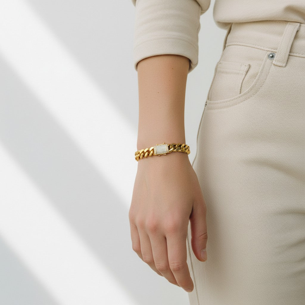 Gold Plated Cuban Link Bracelet with Iced Out Box Lock
