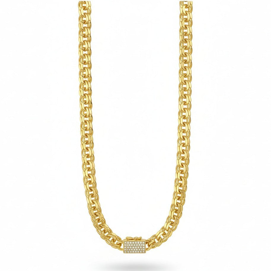 Amafhha Jewels gold plated chino chain necklace with a pave CZ stone box lock clasp. Urban luxury statement piece.